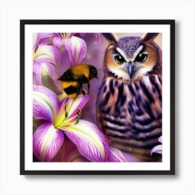 Owl And Bee Art Print