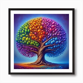 "Chromatic Vibrance"  This artwork presents a majestic tree with a resplendent canopy, each leaf a different shade forming a vibrant spectrum. The tree is a visual metaphor for life, diversity, and unity, with roots deeply entrenched in a colorful landscape that seems to stretch into infinity. The intense hues transition smoothly from warm oranges and reds to cool purples and blues, symbolizing the seamless change of seasons or the diverse tapestry of human experience.  Step into the vivid world of "Chromatic Vibrance," where the ordinary tree is reimagined as a breathtaking symbol of life's rich tapestry. This piece is not just an art; it is a philosophy woven into colors, celebrating diversity, growth, and the interconnectedness of all things. It's an ideal centerpiece that promises to transform any room into a dynamic space, sparking conversations and inspiring minds with its deep symbolism and dazzling colors. Own this vision of beauty and let it remind you daily of the vibrant spectrum of existence. Art Print