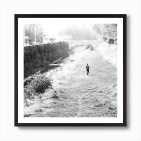 Afternoon Stroller - black and white photography sqaure nature person Art Print