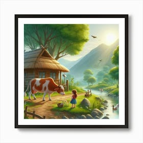 Girl And Cow In The Countryside Art Print