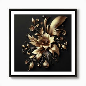 Gold Flower On Black Background Art Print