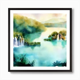 Watercolor Of Plitvice Lakes, Waterfalls Art Print