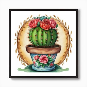 Cactus With Roses Art Print