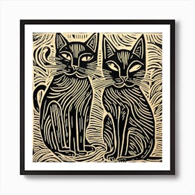 Two Cats Linocut Art Print