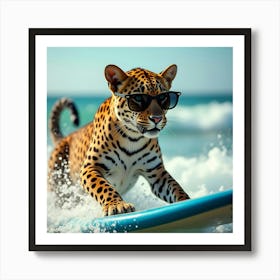 Leopard On Surfboard Art Print