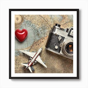 Firefly A Paris, France Vintage Travel Flatlay, Camera, Small Red Heart, Map, Stamp, Flight, Airplan (1) Art Print