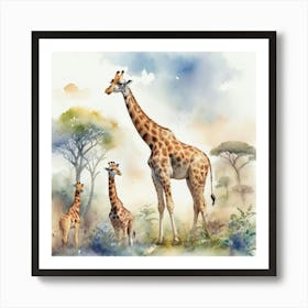 Giraffe In The Wild With Other Animals Watercolor Sty 1 Art Print