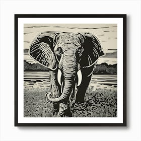 Elephant In The Grass Linocut Art Print