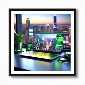 Laptop On Desk With City View Art Print