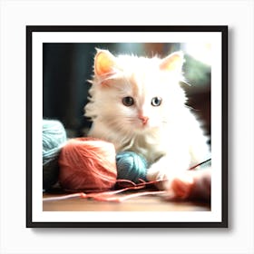 White Kitten Playing With Yarn Affiche