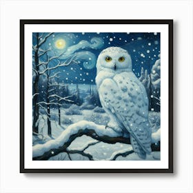 Snowy Owl In Winter Forest With Snow At Night, Van Gogh Painting Art Póster