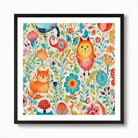 Colorful Cats And Flowers Art Print