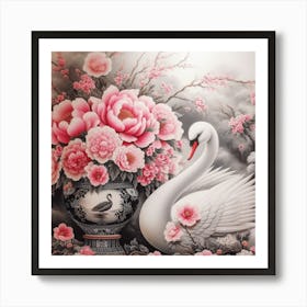 Swan With Flowers Art Print