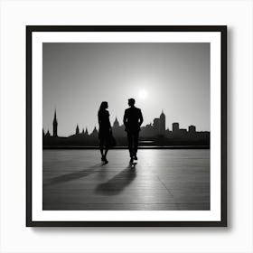 Silhouette Of Couple Walking In The City Art Print