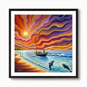 Dolphins At Sunset 1 Art Print