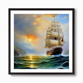 Sailing Ship At Sunset 1 Art Print