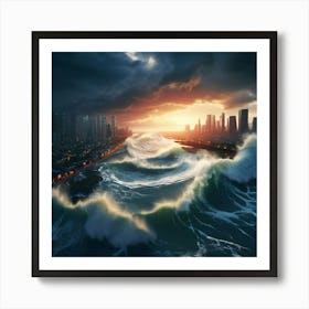 A Dramatic Depiction Of A Tsunami Barreling Towards A Coastal Metropolis A Direct Consequence Art Print