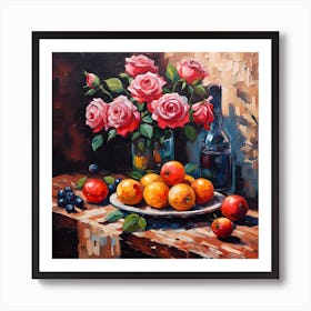 Fruit, Wine and  Pink Rose Flowers Art Print