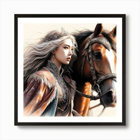 Chinese Princess By Her Horse Color Drawing Art Print