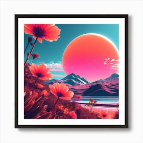 Psychedelic Flowers, Pink Flowers, sunset, repink shade flowers, blue sky, beautiful location , sunset view, wall decorator Art Print