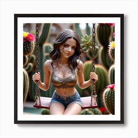 Cactus Girl On Swing Art Print