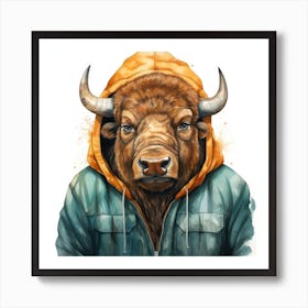 Watercolour Cartoon Bison In A Hoodie 2 Art Print