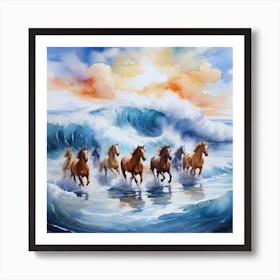 Horses In The Ocean With A Big Wave Art Print