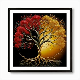 Template: Half red and half black, solid color gradient tree with golden leaves and twisted and intertwined branches 3D oil painting Art Print