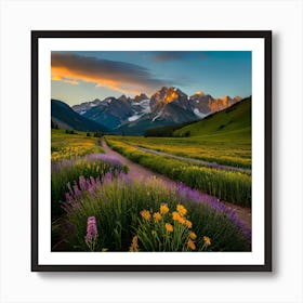 Field Purple Flowers With Mountain Background Art Print