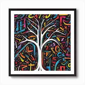 An Image Of A Tree With Letters On A Black Background, In The Style Of Bold Lines, Vivid Colors, Gra (1) Art Print