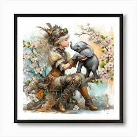 Steampunk Girl With Elephant Art Print