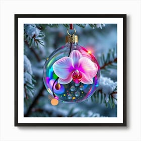 vibrant prismatic crystal glass Christmas Ornament vivid holographic sphere, in the middle an opulent pink orchid blossom Art Print