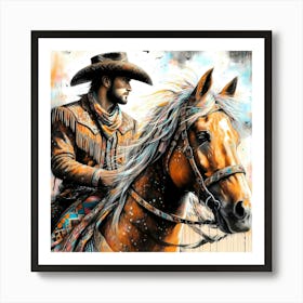 The Beautiful Cowboy On A Horse Creative Color Drawing 1 Art Print