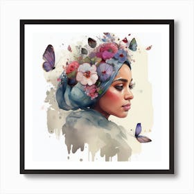 Watercolor Floral Muslim Woman #1 Art Print