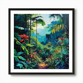 Tropical Jungle Path, A Tropical Rainforest With Exotic Plants art print Art Print