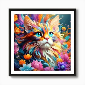 Colorful Cat With Flowers Art Print