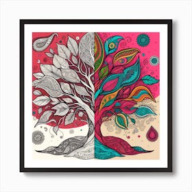 "Vibrant Vitality" is a vivid representation of life and energy, as seen through the duality of monochrome and color. This artwork features a tree that transitions from intricate black and white patterns to a burst of colorful foliage, signifying growth and vibrancy. The detailed paisleys and mandalas that float around the tree add a touch of whimsy and spirituality. This piece is perfect for those looking to infuse their space with color, energy, and a bohemian spirit. It’s an invitation to celebrate diversity and the richness of life, making "Vibrant Vitality" an ideal choice for anyone who desires a daily dose of inspiration and joy through art. Art Print