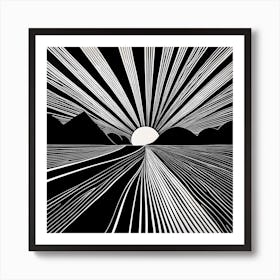 Linocut inspired Black and white Art of Sunrise Art Print