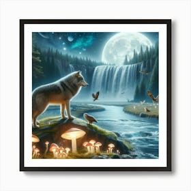 Wolf on the Glowing Mushroom Crystal Riverbank Art Print