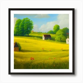 A vibrant summer landscape painting featuring a rolling plain of lush green grass and towering trees Art Print