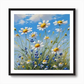 Beautiful Field Meadow Flowers Chamomile Blue Wild Peas In Morning Against Blue Sky With Clouds Nature Landscape Close Up Macro Wide Format Copy Space Delightful Pastoral Airy Artistic Image 0 Art Print