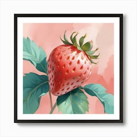 A Single, Red Strawberry With Green Leaves Is Painted Against A Pink Background With Soft, Brushstroke Like Textures Art Print