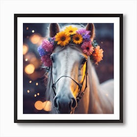 White Horse With Flower Crown Art Print