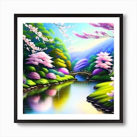 Cherry Blossoms By The River Art Print