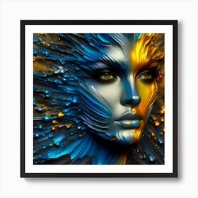 Portrait Of An Abstract Woman's Face - An Embossed Artwork In Shades Of Blue, And Orange - Metal Art Art Print