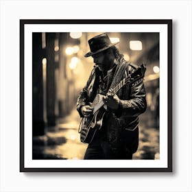 Man Playing Guitar In The Rain 1 Art Print