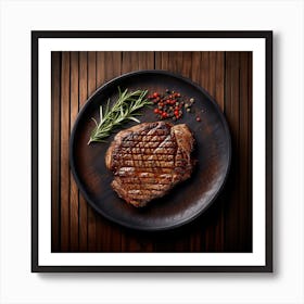 Steak On A Black Plate With Rosemary Art Print