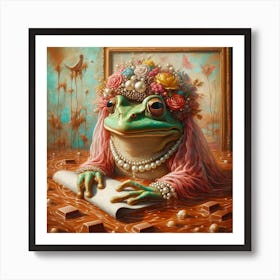 Frog with Pearl Earrings and Flower Crown: A Surreal and Impressionistic Painting Art Print