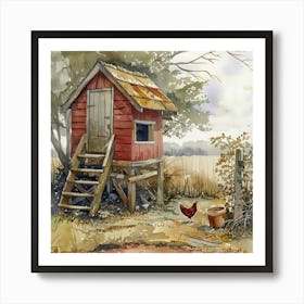 Chicken Coop at the Farmhouse Watercolor Art Print~ Americana Vintage Wholesome Art Decor | Dreamy Idyllic Art Print
