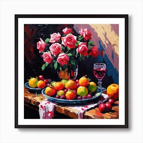 Sunlit Roses, Apples And Grapes Art Print